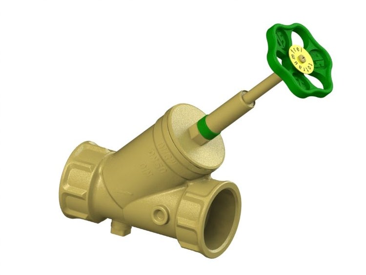 Schrägsitzventil aus Messing mit grünem Handrad und Innengewinde, KFR-Ventil DN 50.