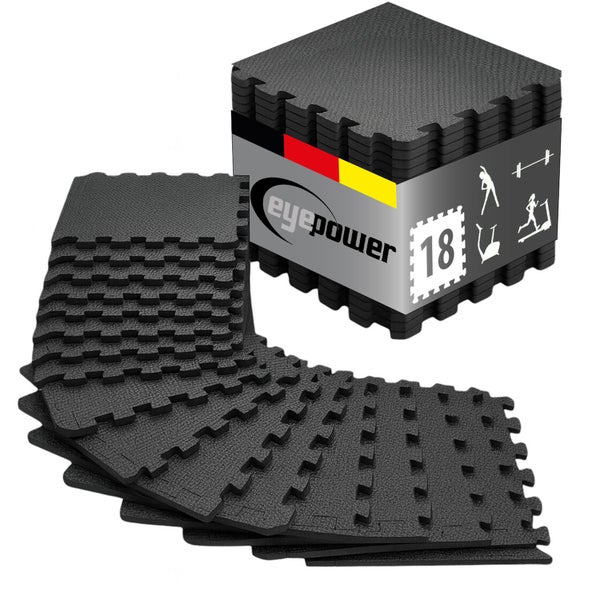 18 schwarze Bodenschutzmatten aus Schaumstoff mit Puzzle-Verbindung für Fitness und Sport sowie eyepower Logo.