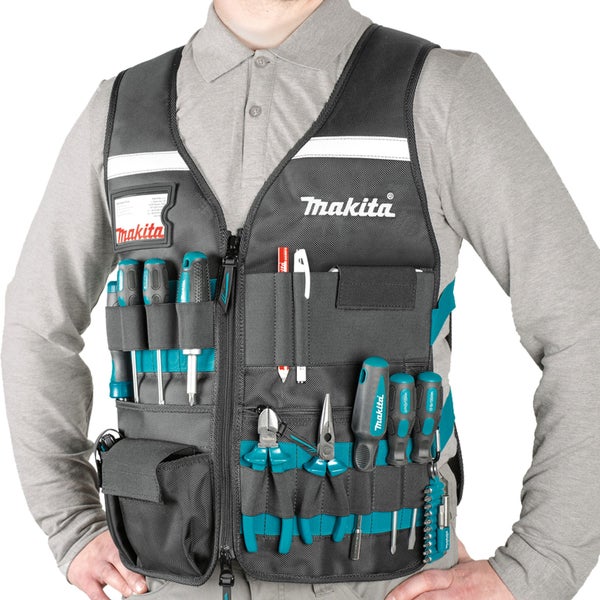 Rückansicht einer grauen Werkzeugweste mit reflektierenden Streifen