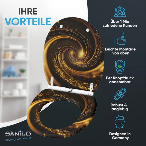 Sanilo Toilettensitz mit Wirbel Muster und Informationen zu den Vorteilen wie Montage, Abnehmbarkeit und Langlebigkeit.