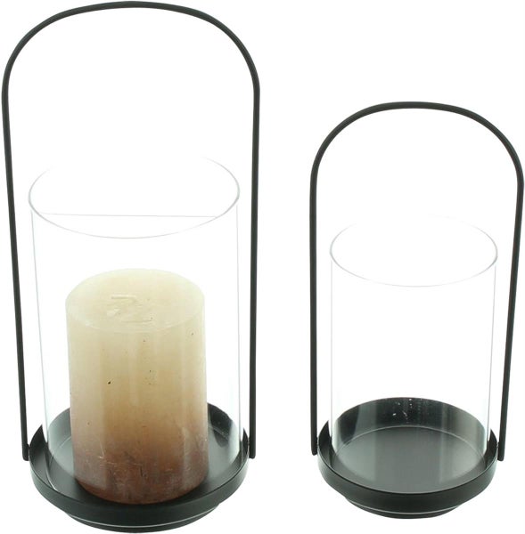 Dekoleidenschaft 2x Windlicht Minimal aus Metall, schwarz & Glas, Kerzenhalter für Stumpenkerzen, Kerzenglas, Windlichtglas