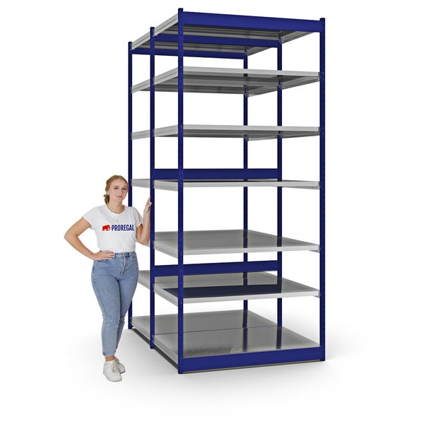 PROREGAL Fachbodenregal Stecksystem Vierkant-Profil Grundregal HxBxT 300 x 132,5 x 80 cm 2x7 Ebenen Doppelseitige Bauart Fachlast 200 kg Enzianblau