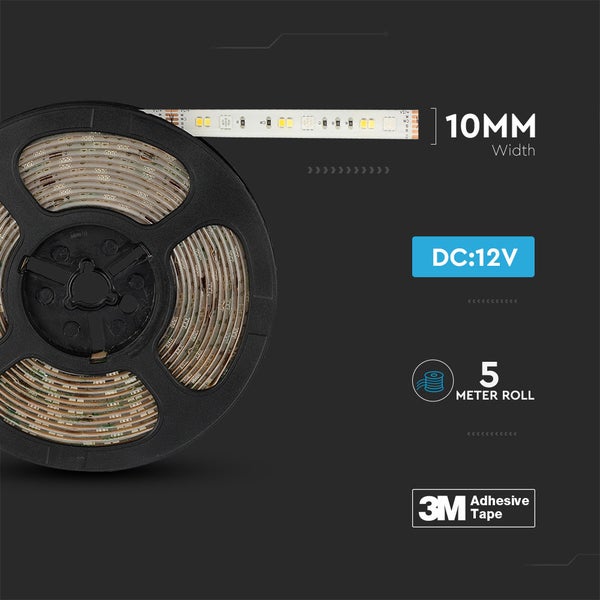 LED-Streifen auf einer Rolle, 10 Millimeter Breite, 12 Volt, 5 Meter Länge, mit 3M Klebeband.