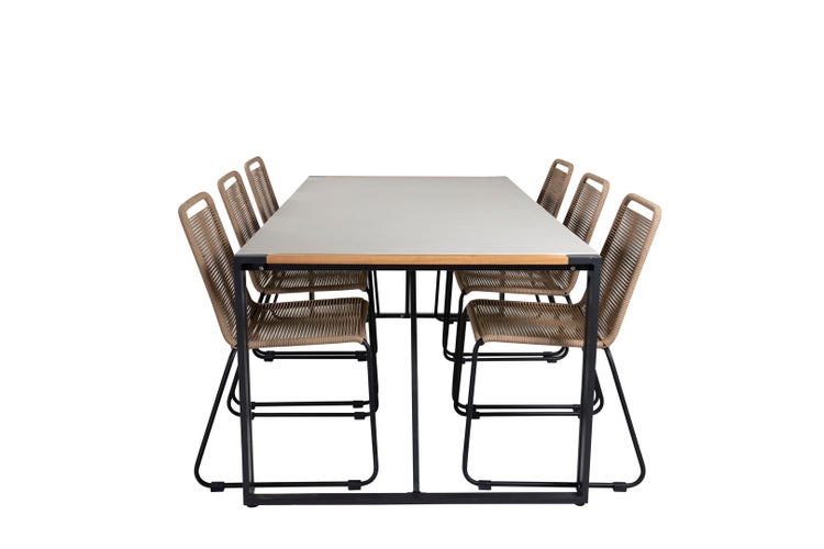 Texas Gartenset Tisch 100x200cm und 6 Stühle stabelL Lindos schwarz, natur, grau. 100 X 200 X 73 cm