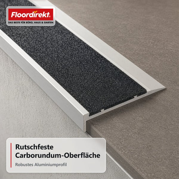 Treppenkantenprofil aus Aluminium mit rutschfester Carborundum Einlage Floordirekt Logo.