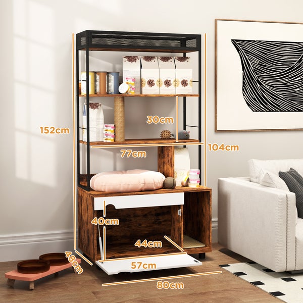 PawHut 2-in-1 Katzenklo Schrank, Katzenklo mit 3-Ebenen-Regal, Kratzpfosten, Klapptür, Katzenhaus für Katze unter 6 kg, 80 x 48 x 152 cm, Rustikal-Braun