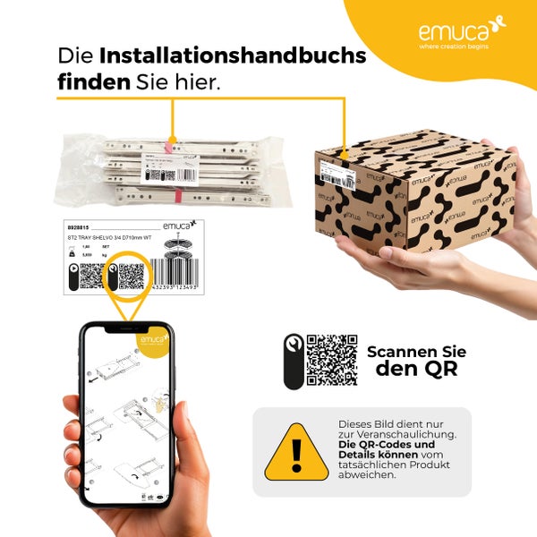 Emuca Logo. Anleitung zum Aufrufen von Montageanleitungen durch Scannen eines QR-Codes auf der Produktverpackung mit einem Smartphone.