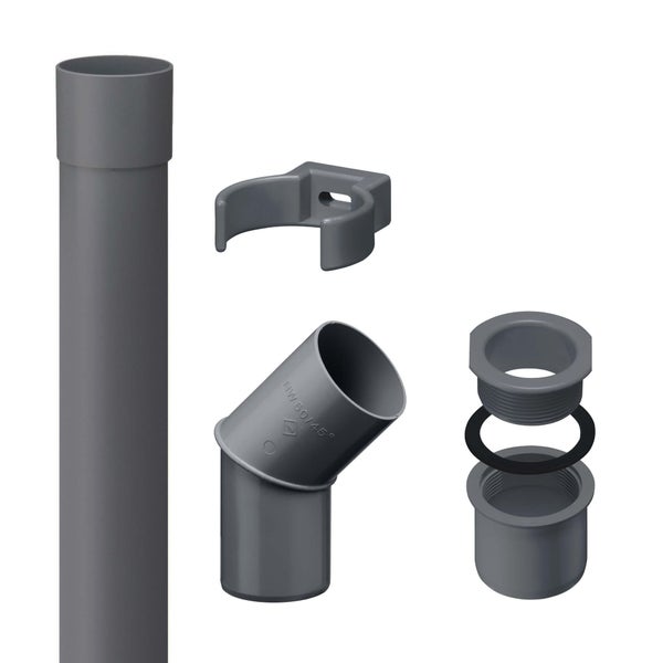 Graues Abwasserrohr-Set bestehend aus Rohr, Rohrschelle, 45 Grad Bogen und Schraubmuffe mit Dichtung aus Kunststoff.