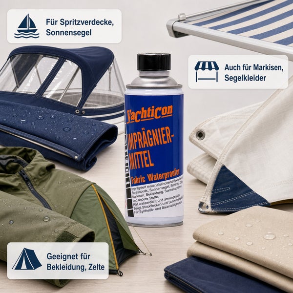 Yachticon Impraegniermittel Spraydose zur wasserabweisenden Behandlung von Textilien wie Bootsverdecken, Markisen, Zelten und Outdoor Kleidung.