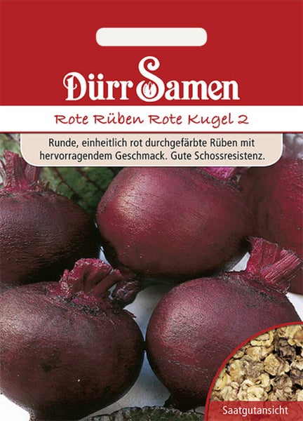 Samentüte für Rote Rüben Rote Kugel 2 von Dürr Samen mit Abbildung von runden Rüben und einer Detailansicht der Samen.