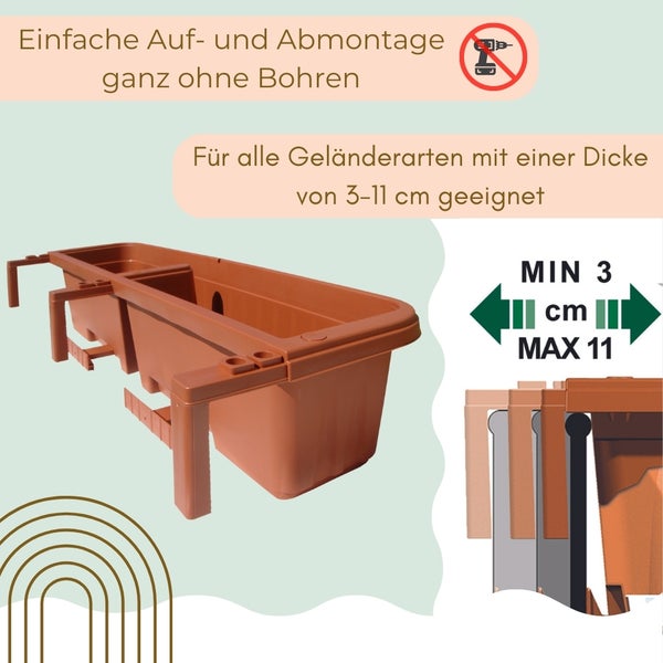 Blumenkasten Balkongeländer Balkon Blumenkasten Balkonkasten mit Halterung Balkonkasten Geländerkasten Balkonkasten mit Wasserspeicher grau 50 cm