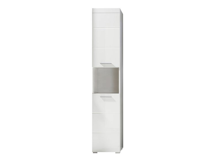 Badezimmer-Hochschrank in Weiß-Hochglanz mit zwei Türen, silbernen Griffen und einem offenen Fach in der Mitte.