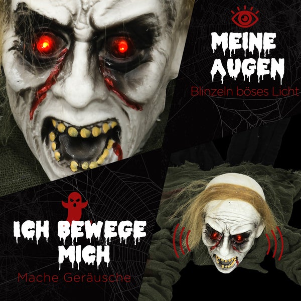 HOMCOM 167cm Halloween-Dekoration Zombie Untoter, Lebensechte Größe Halloween-Zombie mit Rot Leuchtende Augen, Garten Dekoration mit Heul-Geräusch