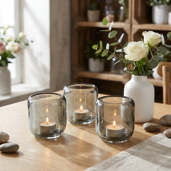 Drei runde Glas Teelichthalter auf einem Holztisch mit brennenden Kerzen und einer Blumenvase dekoriert