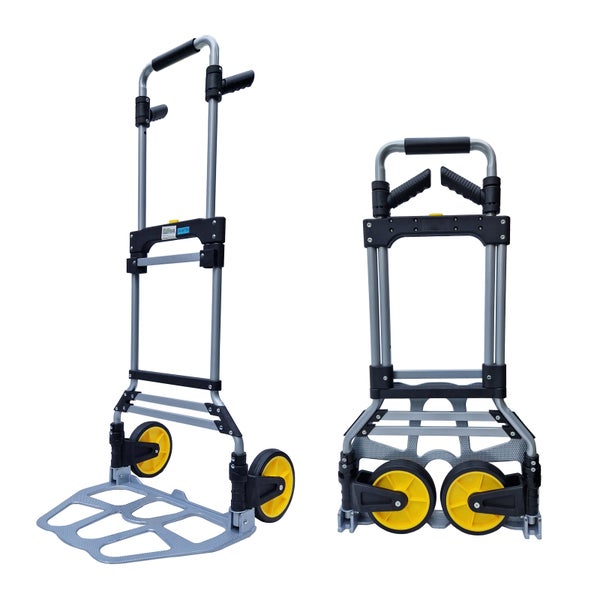 Faltbare Transportkarre aus Metall mit Rädern in ausgeklappter und zusammengeklappter Position für den Transport schwerer Gegenstände.