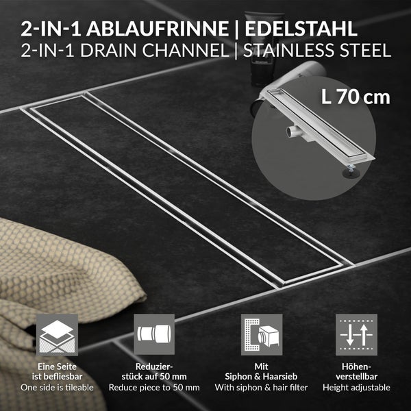 2-in-1 Ablaufrinne aus Edelstahl, 70 Zentimeter lang, befliesbar, höhenverstellbar, inklusive Siphon, Haarsieb und Reduzierstück auf 50 Millimeter.