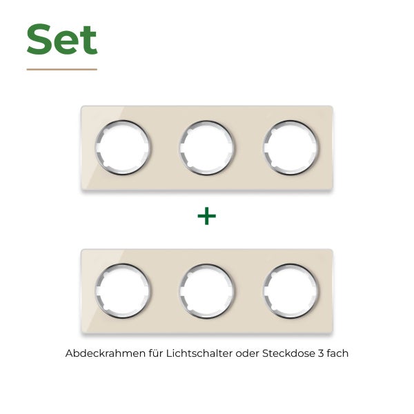 Set aus zwei dreifachen Abdeckrahmen für Lichtschalter oder Steckdosen für die Elektroinstallation.