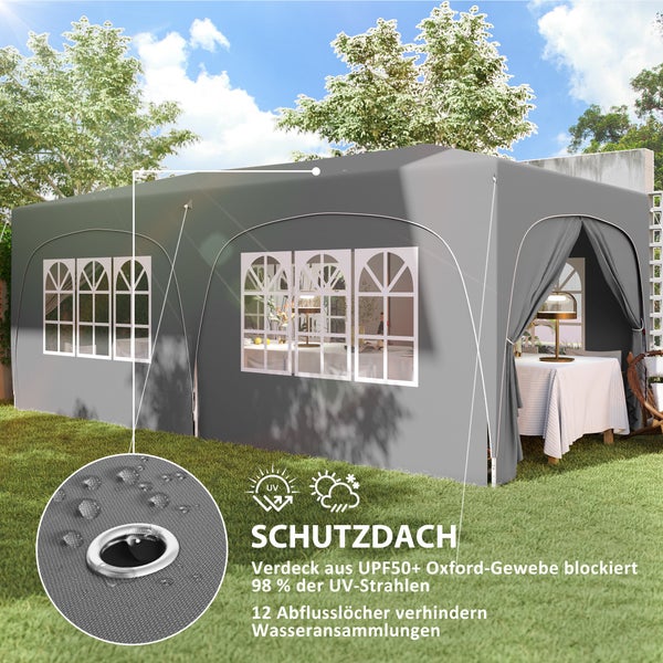 Outsunny Pavillon ca. 3x6m, wasserabweisend Stabil Winterfest Pop-up Faltpavillon, UV Schutz 50+, Faltbar Partyzelt Gartenzelt mit 6 Seitenteilen Tasche Gartenpavillon für Camping Garten, Hellgrau