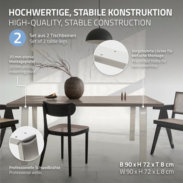 ML-Design 2er Set Tischbeine Loft 90x72 cm, Silber, Profil 8x2cm, aus Edelstahl, Industriedesign, U-Form, Metall Tischgestell scandic, Tischkufen Tischuntergestell Möbelfüße, für Esstisch/Schreibtisch
