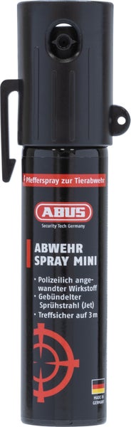 ABUS Pfefferspray zur Tierabwehr, Modell Abwehrspray Mini mit gebündeltem Sprühstrahl und drei Metern Reichweite.