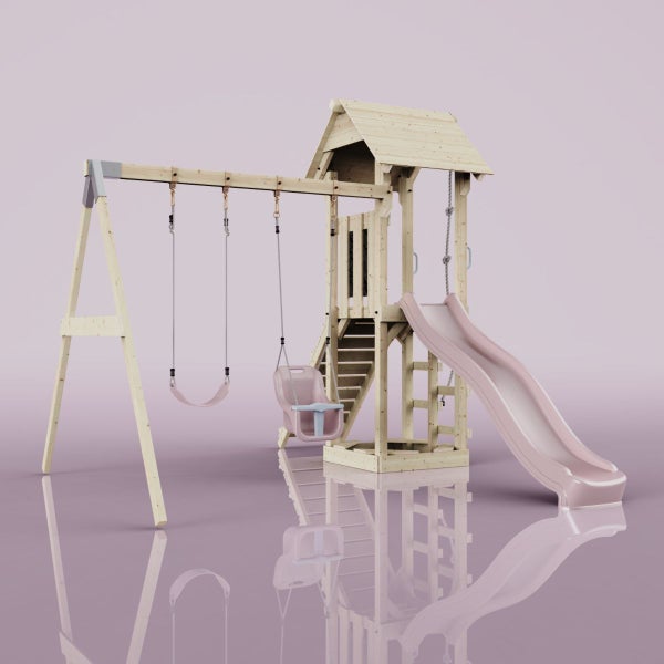 Spielplatz mit Schaukel und Rutsche aus Holz