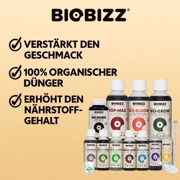 Biobizz Logo und Sortiment an 100 Prozent organischen Düngemitteln zur Geschmacksverstärkung und Erhöhung des Nährstoffgehalts.