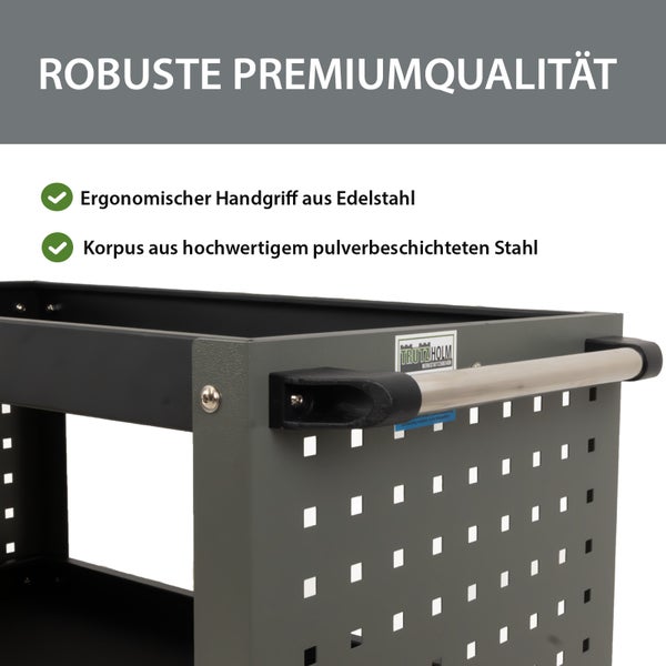 Werkstattwagen mit pulverbeschichtetem Stahlkorpus und ergonomischem Edelstahlgriff von Trutzholm