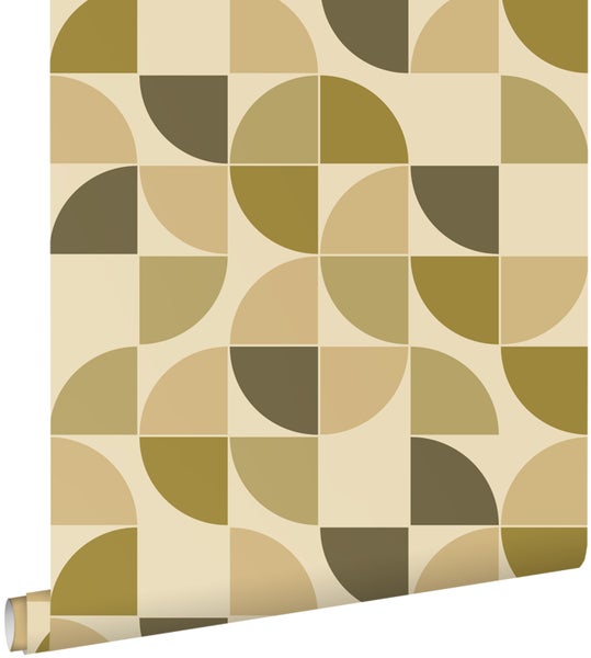 Vliestapete mit geometrischem Retromuster aus Halbkreisen und Viertelkreisen.