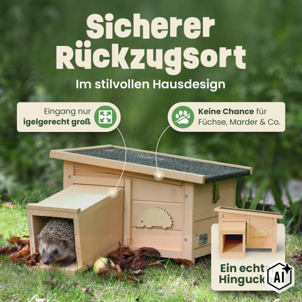 Igelhaus aus Holz als sicherer Unterschlupf für den Garten mit Eingang für Igel und Schutz vor Fressfeinden.