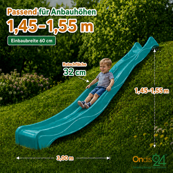 Ein Kind auf einer türkisfarbenen Wellenrutsche, Länge 3 Meter, Einbaubreite 60 Zentimeter, Anbauhöhe 1,45 bis 1,55 Meter. Ondis24 Logo.