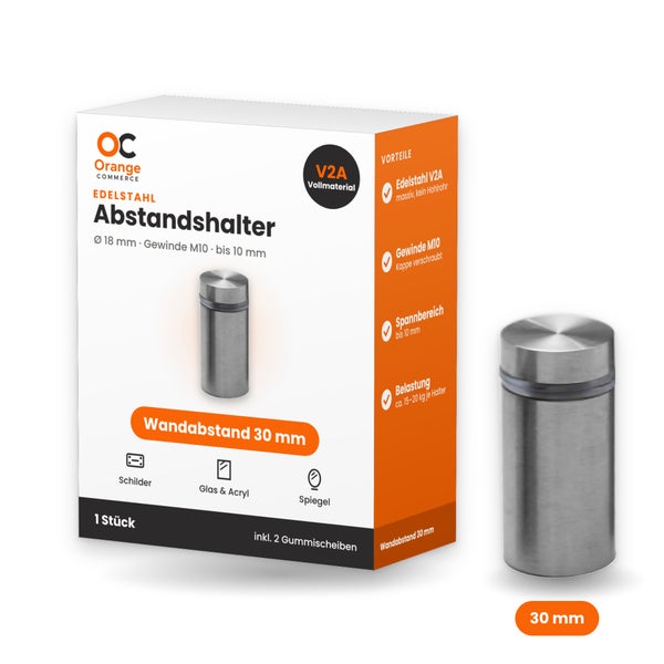 Orange Commerce Edelstahl Wandabstandshalter mit 18 Millimeter Durchmesser, Gewinde M10, 30 Millimeter Wandabstand und 2 Gummischeiben.