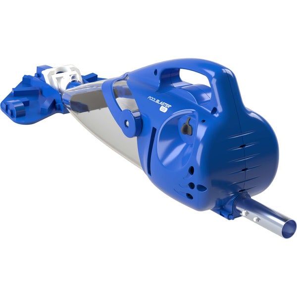 Akku-Poolsauger Pool Blaster 300E mit blauem Gehäuse und transparentem Schmutzbehälter für die Poolreinigung.