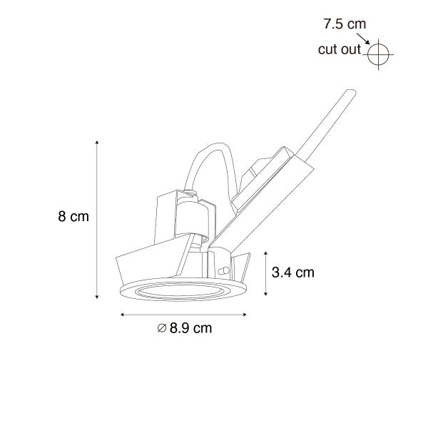Technische Zeichnung Einbaustrahler: Höhe 8 Zentimeter, Einbautiefe 3,4 Zentimeter, Durchmesser 8,9 Zentimeter, Lochausschnitt 7,5 Zentimeter.