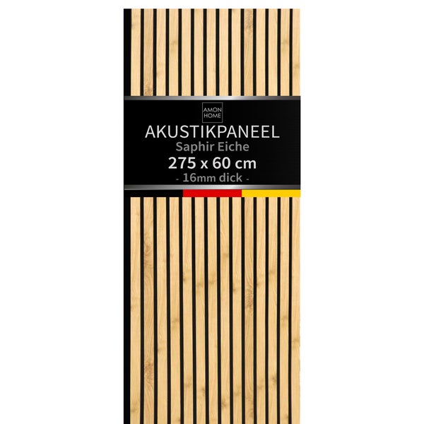 Amon Home Akustikpaneel Saphir Eiche 275 mal 60 Zentimeter und 16 Millimeter stark mit vertikalen Holzlamellen auf schwarzem Filz