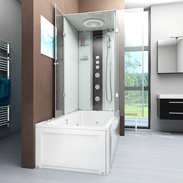Dampfdusche mit Whirlpool-Badewanne, Glaskabine, Regendusche, Handbrause und Massagedüsen in einem hellen, modernen Badezimmer.
