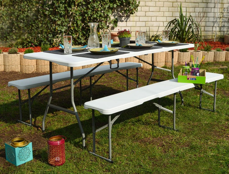 AMANKA Bierzeltgarnitur für 8 Personen - 180 x 70 cm Esstisch Set mit 2 Bänken - Kunststoff Weiß