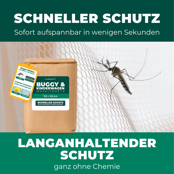 Silberkraft Moskitonetz für Buggy und Kinderwagen, 110 mal 120 Zentimeter, feines Netz zum Schutz vor Mücken ohne chemische Insektizide.