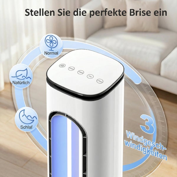 Weißer Turmventilator mit drei Windgeschwindigkeiten und den Modi Normal, Natürlich und Schlaf, inklusive Timer und Lichtfunktion im Wohnzimmer.