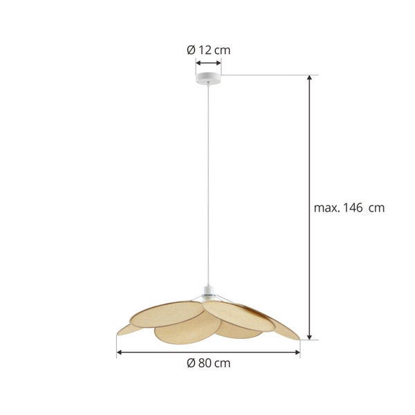 Pendelleuchte mit geflochtenen Schirmen in Blütenform. Maße: Baldachin 12 Zentimeter, maximale Höhe 146 Zentimeter, Schirm 80 Zentimeter.