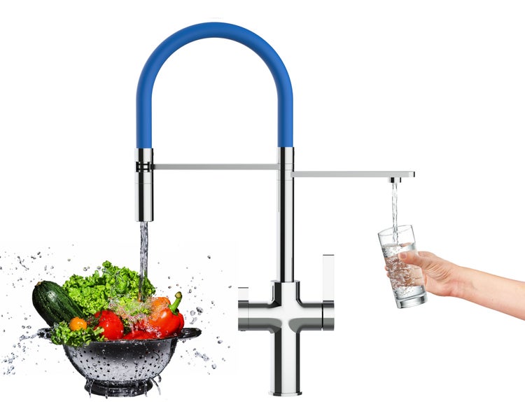3 Wege Wasserhahn Küchenarmatur, FC, mit 360° schwenkbarem Auslauf, abnehmbare 2 strahl Handbrause, Verchromt / Blau