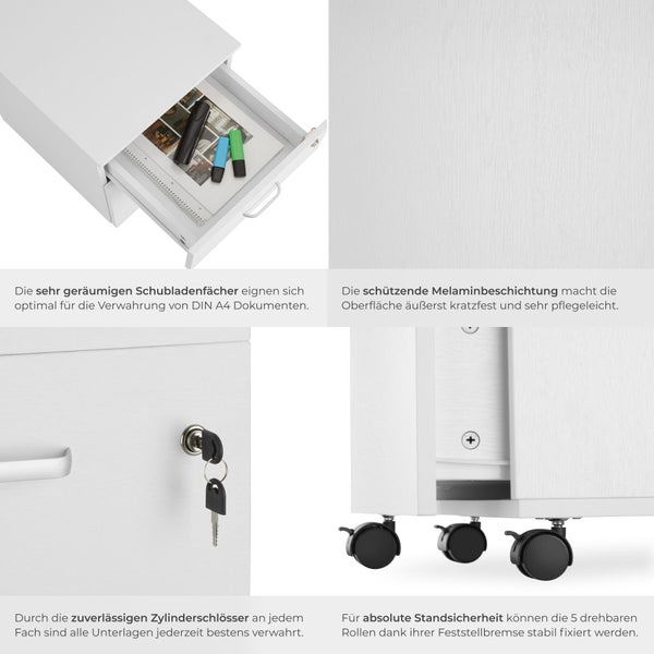 Detailansichten eines weißen Rollcontainers mit Schubladen, Melaminbeschichtung, Zylinderschloss und feststellbaren Rollen