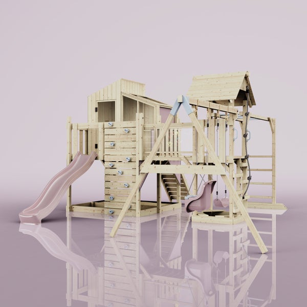 Holzspielplatz mit Rutsche, Kletterwand und Schaukel