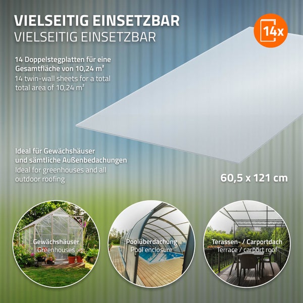 ECD Germany 14x Doppelstegplatten, 4mm Polycarbonat, 121x60,5cm, 10,24m², 50x Klammern + 50x Z-Clips, stoßsicher & UV-beständig, zuschneidbar, Klar Hohlkammerplatten, Gewächshausplatten Stegplatten
