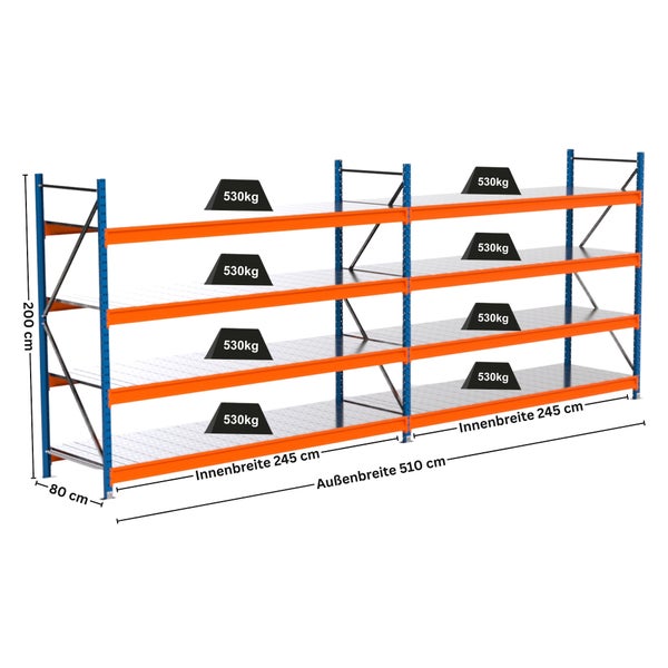 Stahlregal mit drei Ebenen, Abmessungen 200 cm Höhe, 80 cm Tiefe, 510 cm Außenbreite und 245 cm Innenbreite, Belastbarkeit 530 Kilogramm pro Ebene
