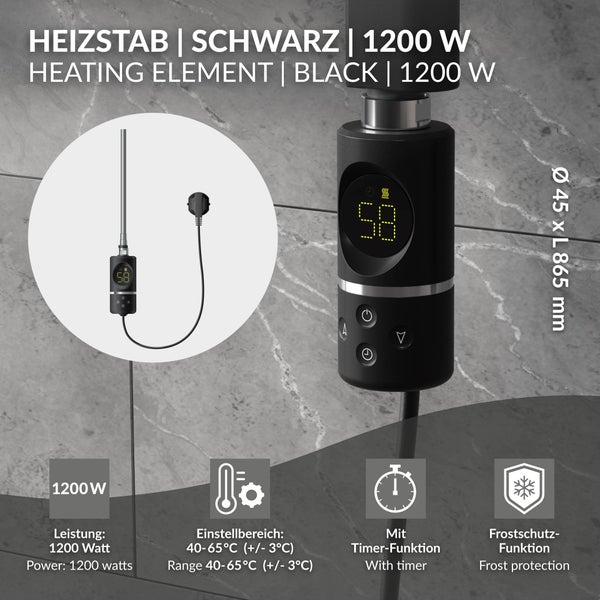 LuxeBath Heizstab 1200W Schwarz mit Thermostat und Digitalanzeige, Elektronischer Temperaturregler und Timer-Funktion, Heizpatrone Heizelemente für Badheizkörper Heizungen, Elektroheizstab mit Stecker