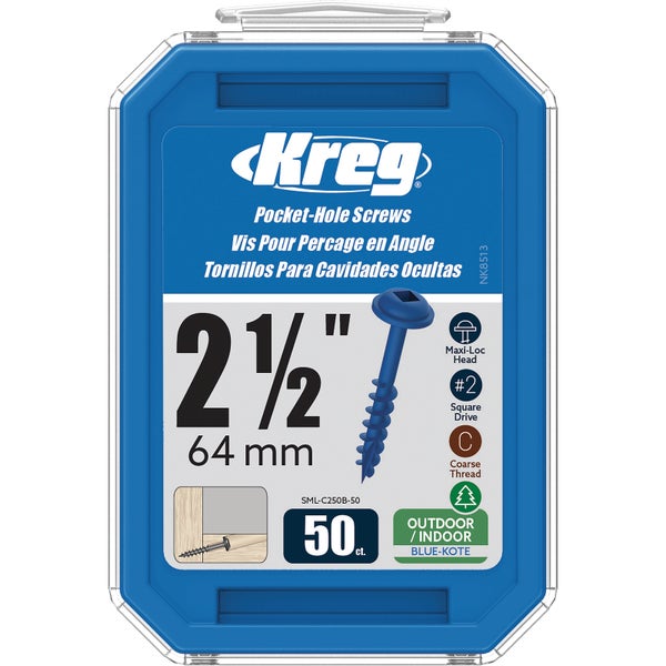 Kreg Logo auf blauer Packung mit 50 Taschenlochschrauben, Blue-Kote Beschichtung für innen und außen, 64 Millimeter lang, Grobgewinde und Vierkant.