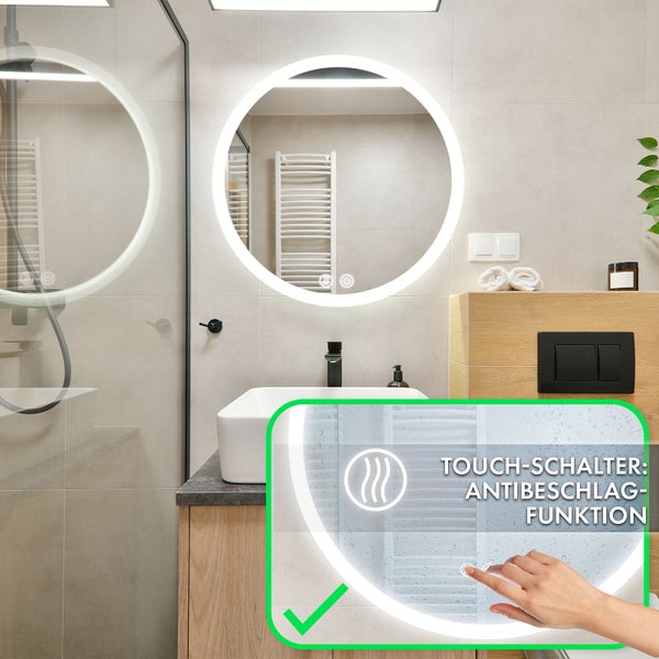 Floordirekt Badspiegel Liora mit LED-Beleuchtung Touch-Bedienung Weiß Ø 60 cm