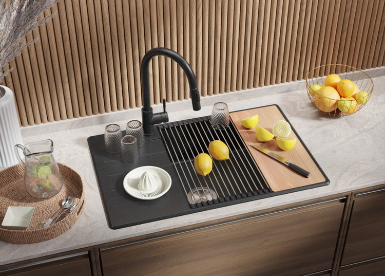 PRIMAGRAN Spülbecken Anthrazit 78x50cm, Granitspüle 1 Becken + Ablauf-Set + Schneidebrett, Küchenspüle ab 60er Unterschrank - Kopenhagen