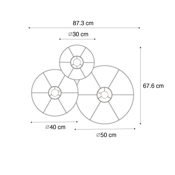 Technische Zeichnung einer Wanddekoration mit drei Kreisen und Maßangaben