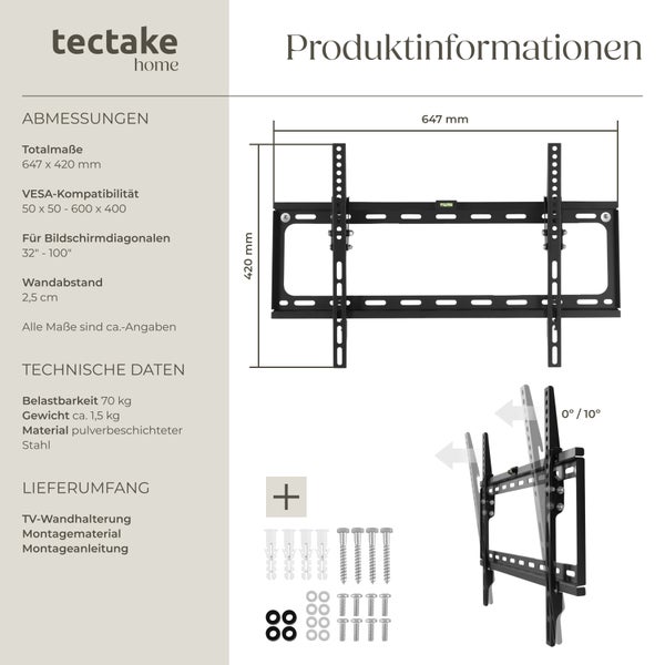 Produktinformationen zur TV-Wandhalterung von tectake home, inklusive Abmessungen und technischen Daten